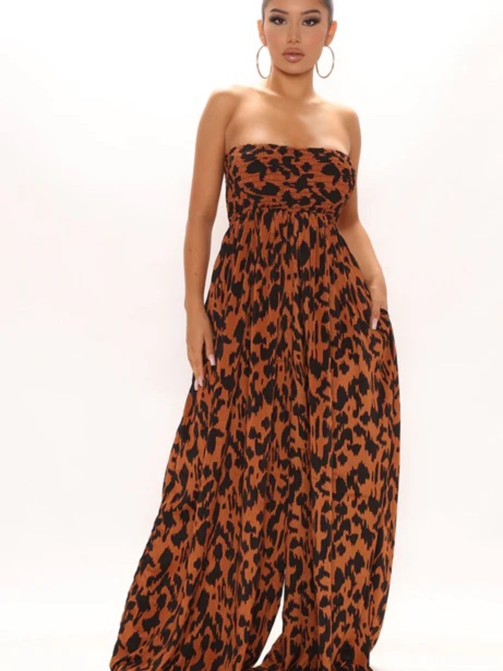 Strapless Leopard Print Maxi Dress in Brown